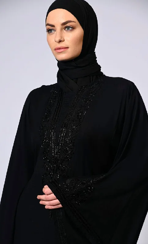 Handcrafted and Machine Embroidered Bell Sleeves Black Abaya