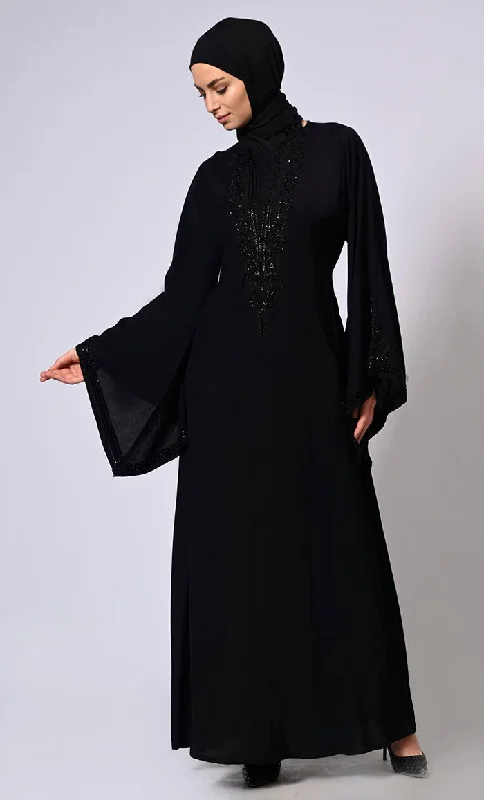 Handcrafted and Machine Embroidered Bell Sleeves Black Abaya