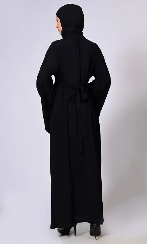 Handcrafted and Machine Embroidered Bell Sleeves Black Abaya