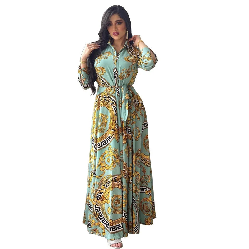 Hot Selling Golden Floral Dubai Abaya with Belt Long Sleeve Islamic Clothing Modest Evening Party Print Maxi Women Muslim Dress