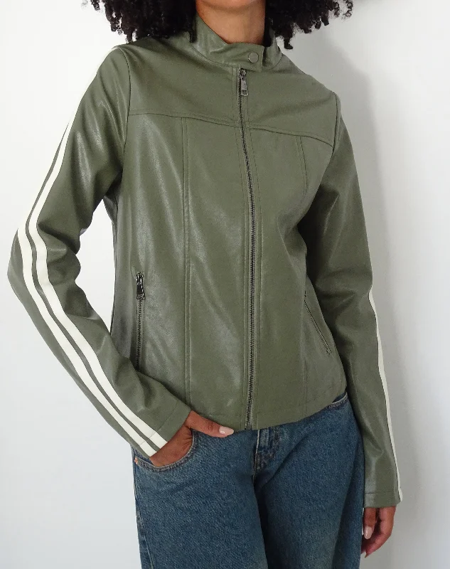 Jacquie Zip Up Biker Jacket in PU Green with Ivory Stripe