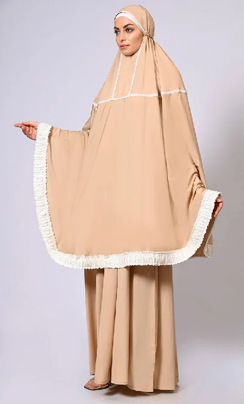 Women's Sand Khimar Ensemble Enhanced by Satin Frill Lace