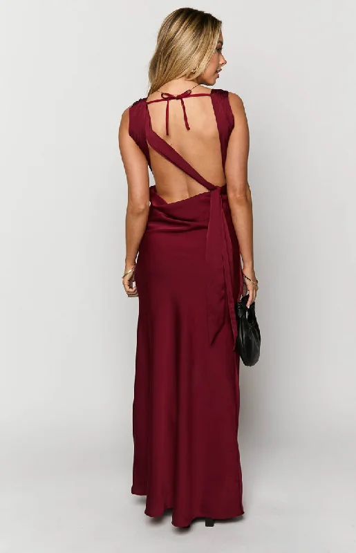 Laria Wine Satin Formal Maxi Dress