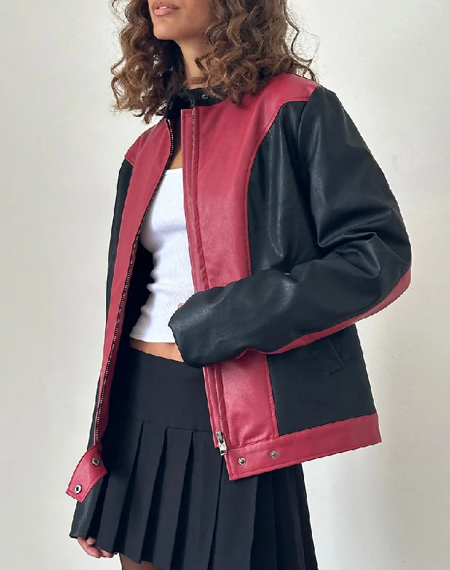 Marion PU Biker Jacket in Red with Black Panels