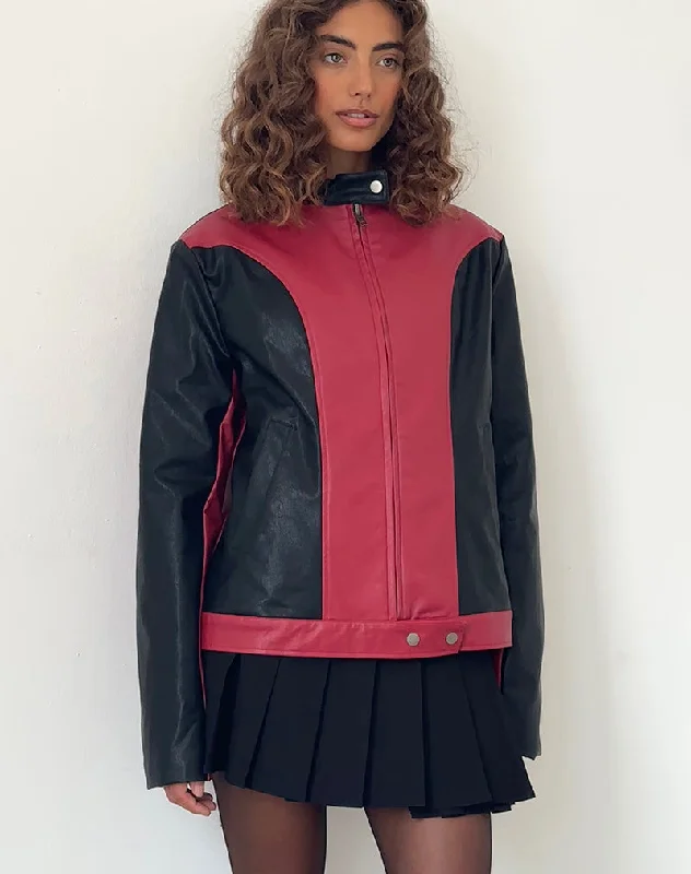 Marion PU Biker Jacket in Red with Black Panels