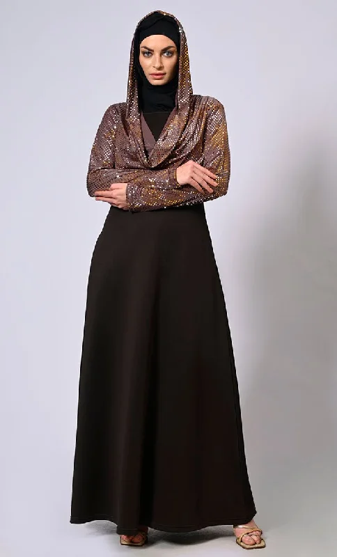 Cowl Neck Abaya with Hood in Dazzling Foil Print