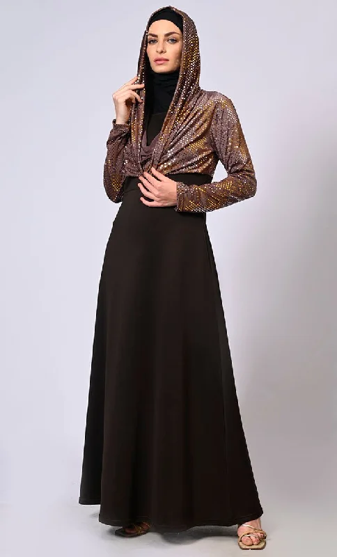 Cowl Neck Abaya with Hood in Dazzling Foil Print