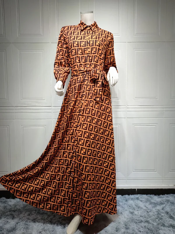 New Arrival Belted Print Abaya Long Dress with Button Dubai Islamic Clothing Women Muslim Maxi Dress