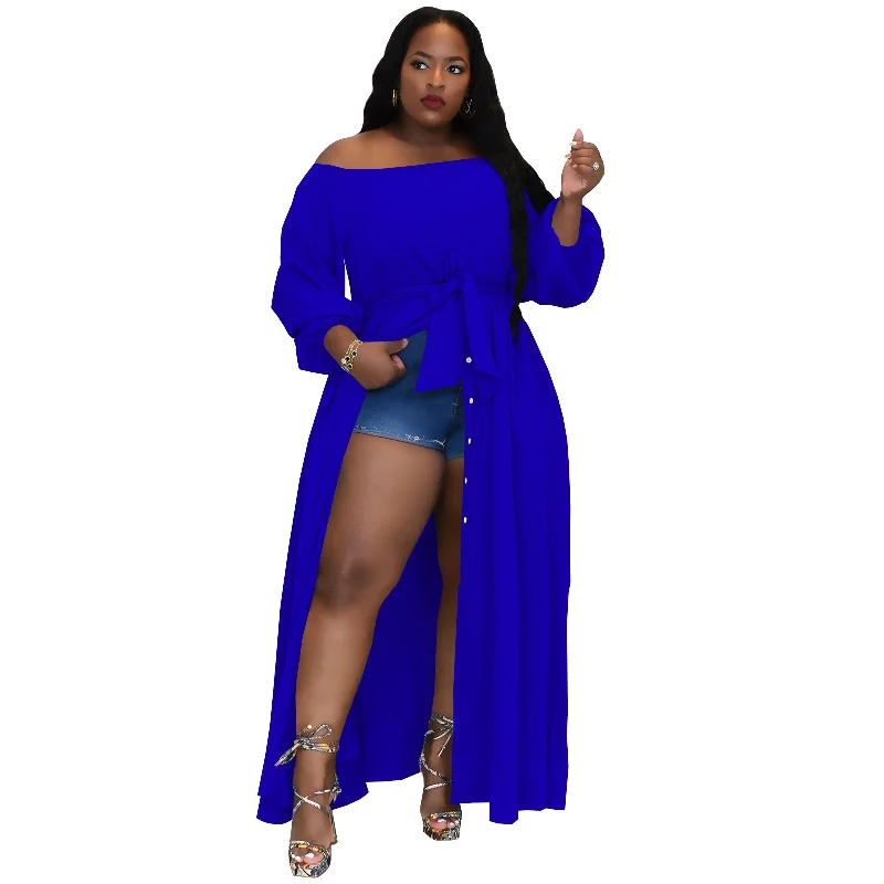 New Fashion Party High Street Woman Plus Size Women's Clothing Off Shoulder Split Maxi Dress with Belt