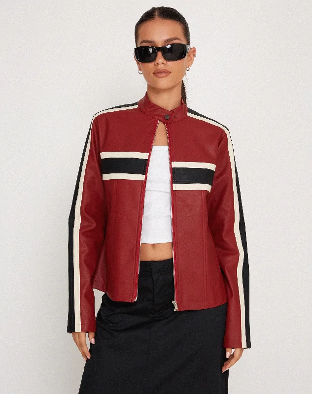 Oliver Zip Up Jacket in PU Red with Ecru Stripe