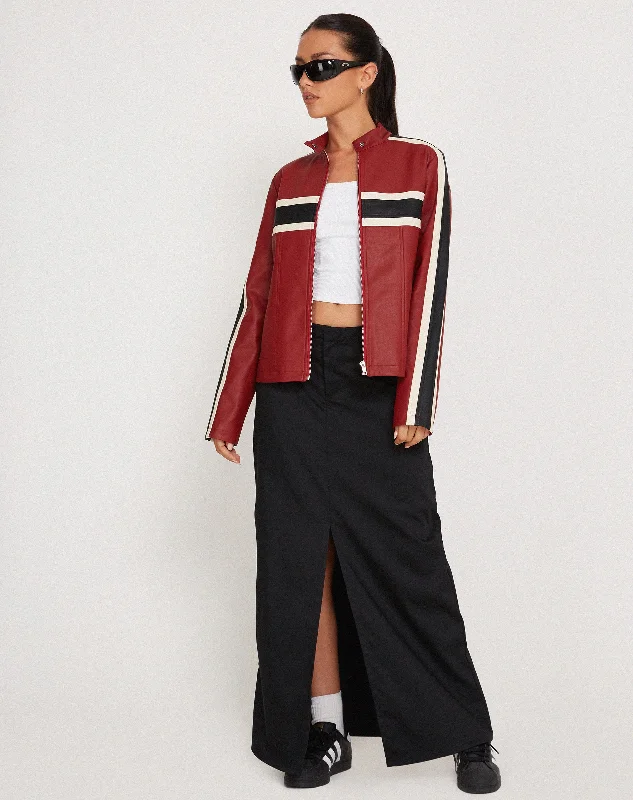 Oliver Zip Up Jacket in PU Red with Ecru Stripe