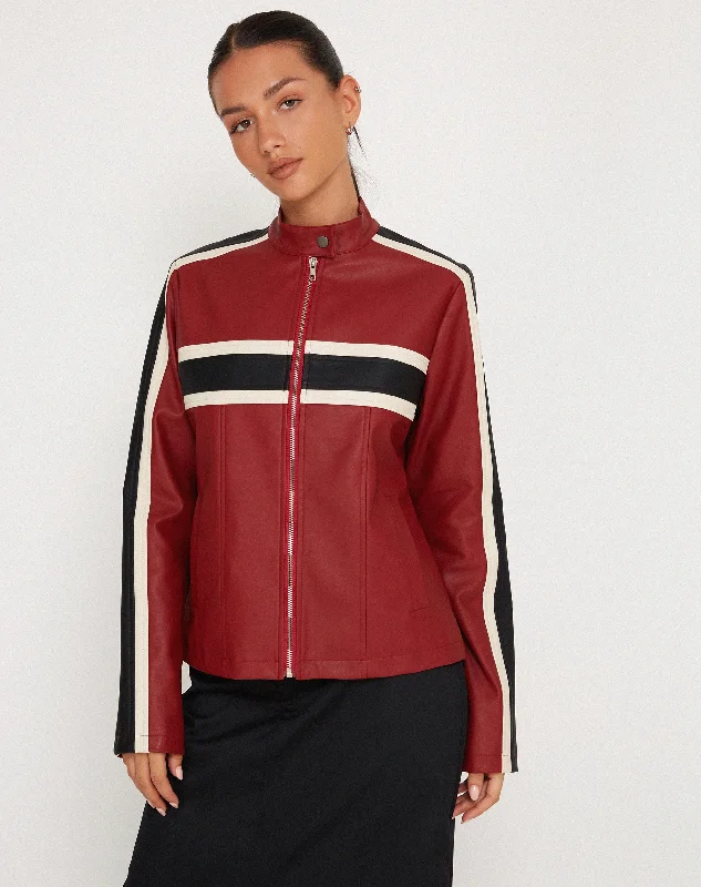 Oliver Zip Up Jacket in PU Red with Ecru Stripe