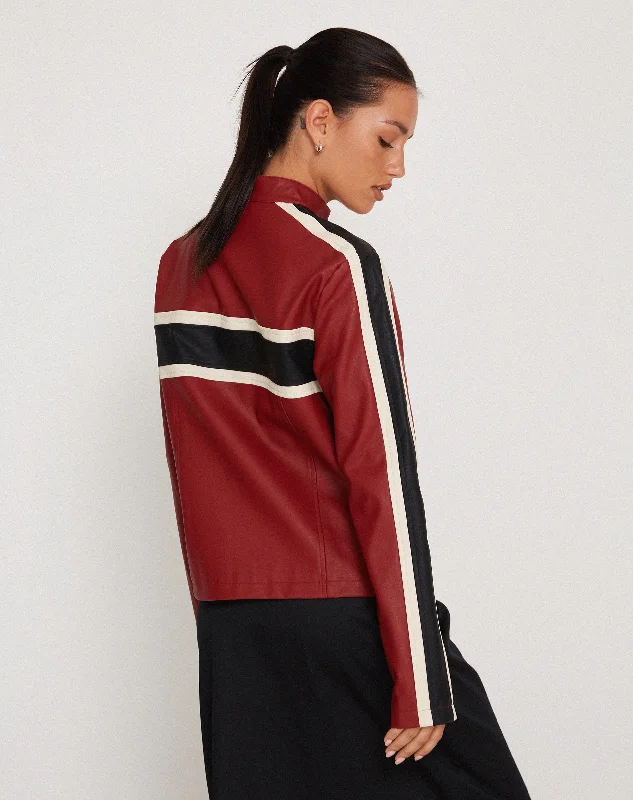 Oliver Zip Up Jacket in PU Red with Ecru Stripe