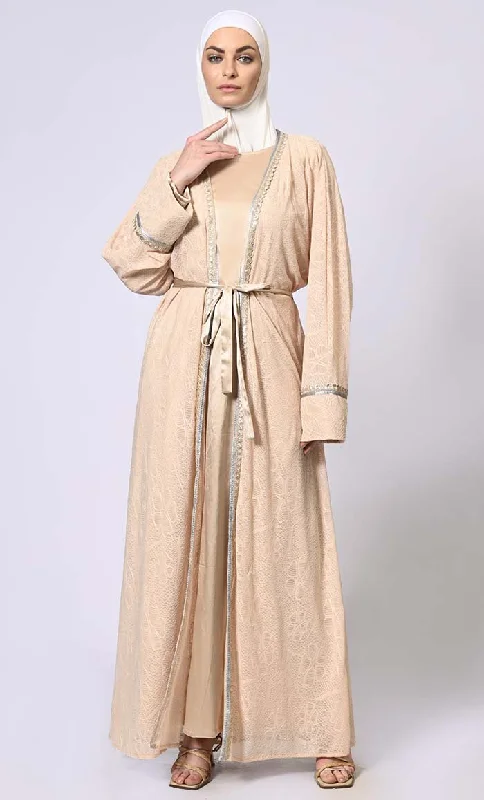 Opulent Charm: Sand Korean Net Shrug with Fancy Lace Detailing and Belt