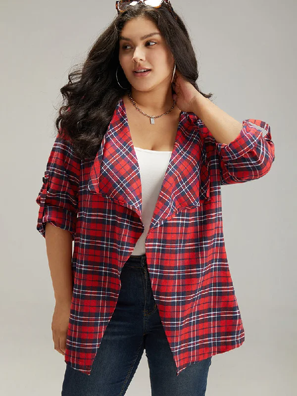 Plaid Asymmetrical Hem Tab Sleeve Jacket