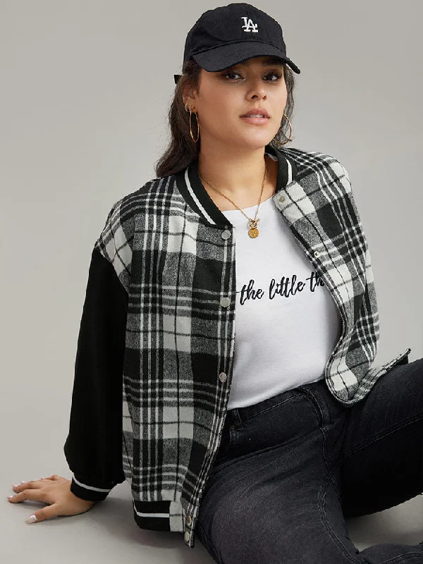 Plaid Button Through Pocket Baseball Collar Bomber Jacket