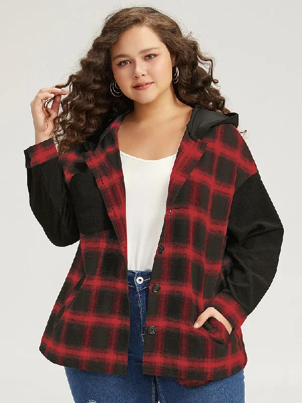 Plaid Hooded Patched Pocket Button Up Patchwork Coat