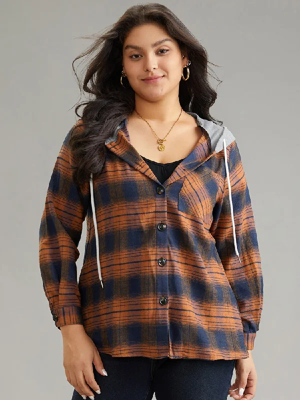 Plaid Patchwork Hooded Drawstring Button Through Jacket