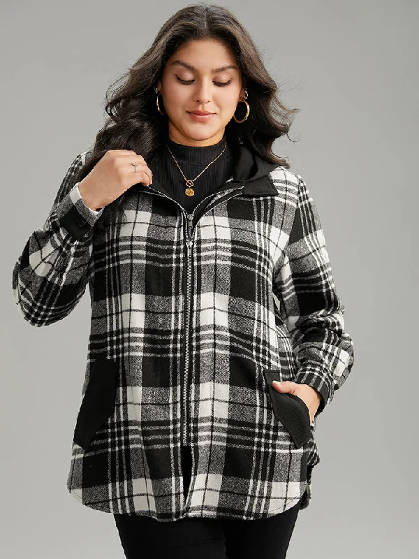 Plaid Patchwork Zipper Contrast Hooded Jacket