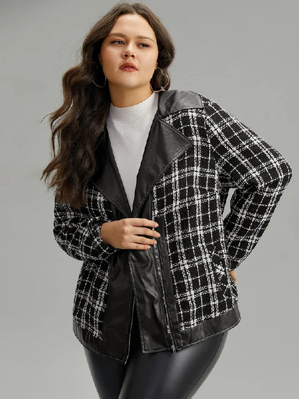 Plaid PU Patchwork Zipper Fly Jacket