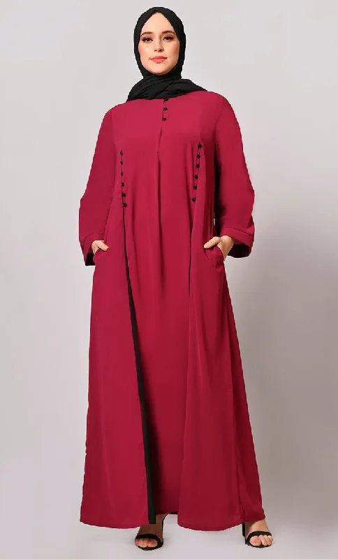 Pleated Perfection: Maroon Abaya with Box Pleats & Side Pockets