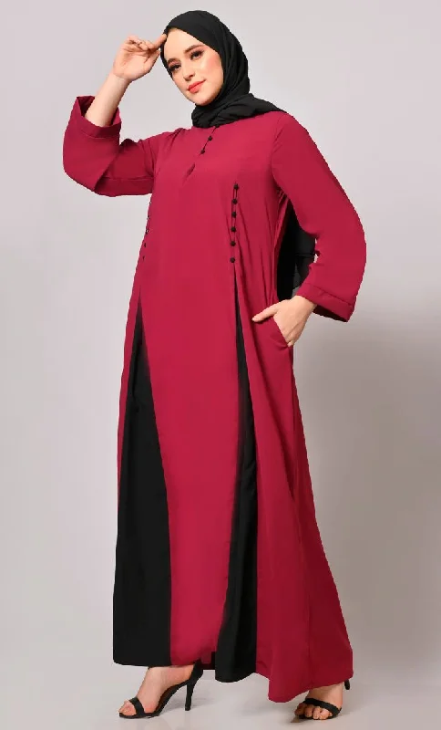 Pleated Perfection: Maroon Abaya with Box Pleats & Side Pockets