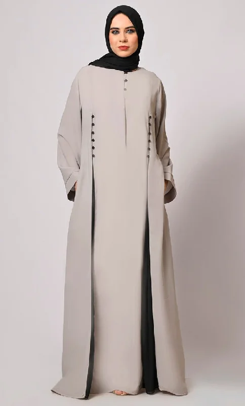 Pleated Perfection: Grey Abaya with Box Pleats & Side Pockets