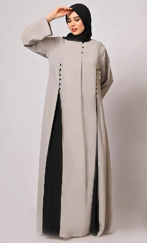 Pleated Perfection: Grey Abaya with Box Pleats & Side Pockets