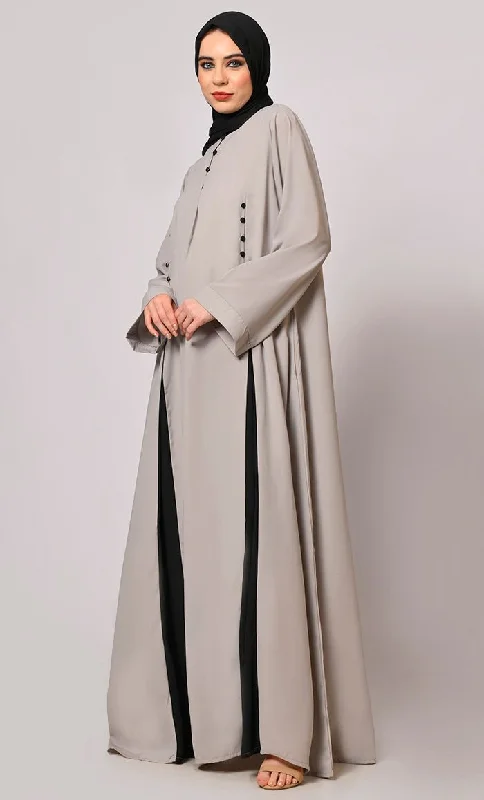 Pleated Perfection: Grey Abaya with Box Pleats & Side Pockets