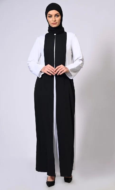 Double Layered Black Abaya with Sequined Yoke and Front Pockets