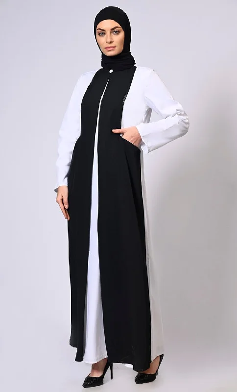 Double Layered Black Abaya with Sequined Yoke and Front Pockets