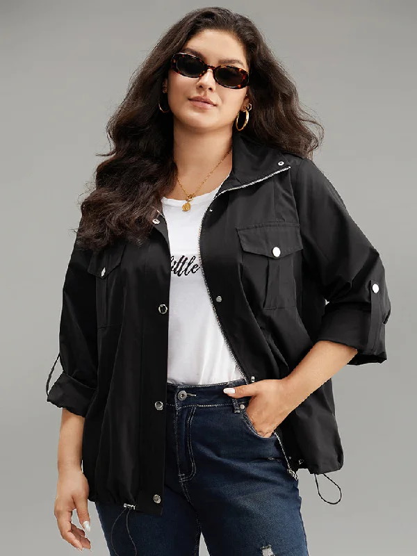 Solid Zipper Detail Button Up Drawstring Jacket