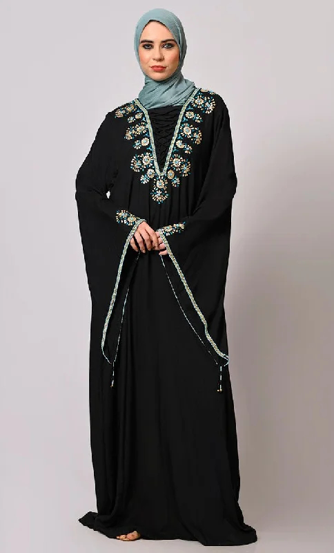 Stone-Encrusted  Abaya with Bell Sleeves