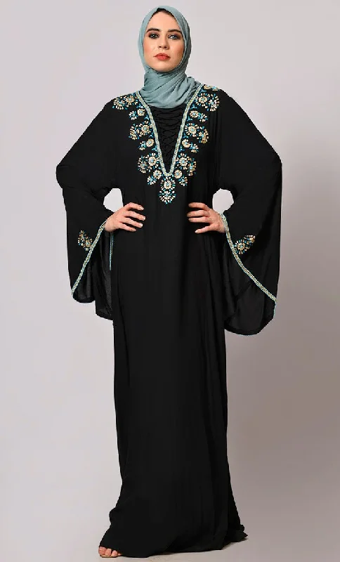 Stone-Encrusted  Abaya with Bell Sleeves