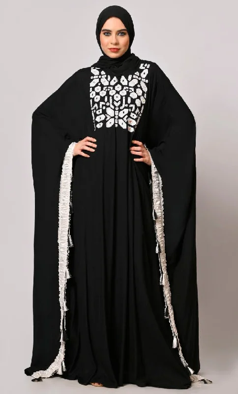 Stunning  Mirror Embroidered Black Kaftan with Tassels Detailing