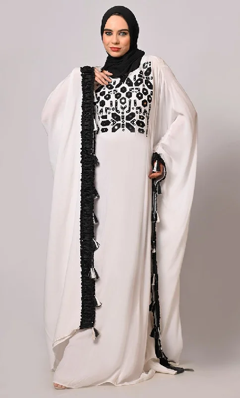 Stunning  Mirror Embroidered White Kaftan with Tassels Detailing