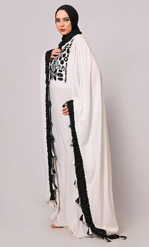 Stunning  Mirror Embroidered White Kaftan with Tassels Detailing