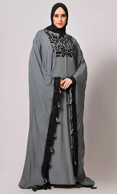 Stunning  Mirror Embroidered Grey Kaftan with Tassels Detailing