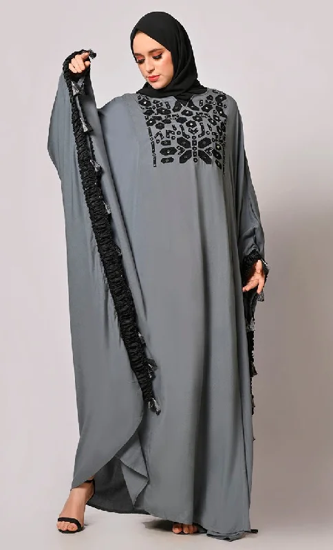 Stunning  Mirror Embroidered Grey Kaftan with Tassels Detailing