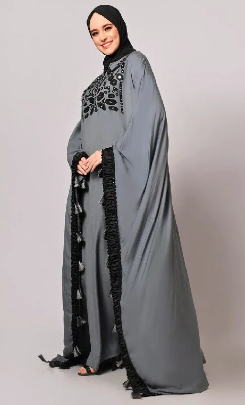 Stunning  Mirror Embroidered Grey Kaftan with Tassels Detailing