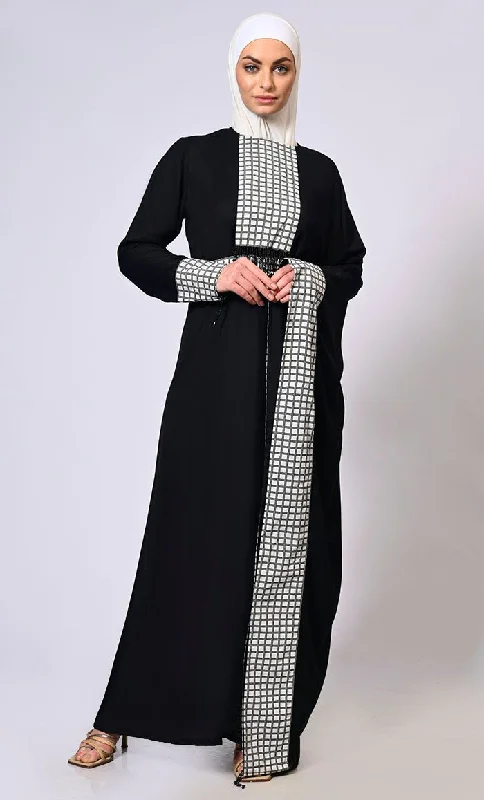 Stylish Semi Black  Kaftan with Check Print Panels and Tassel Details