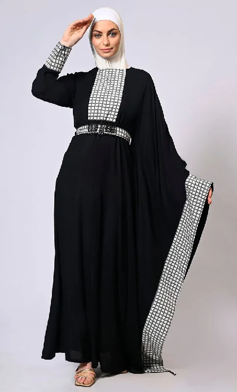 Stylish Semi Black  Kaftan with Check Print Panels and Tassel Details