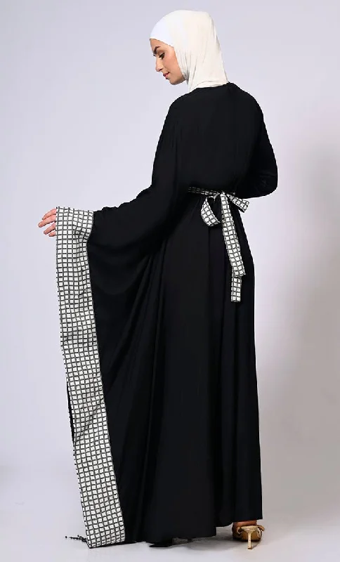 Stylish Semi Black  Kaftan with Check Print Panels and Tassel Details