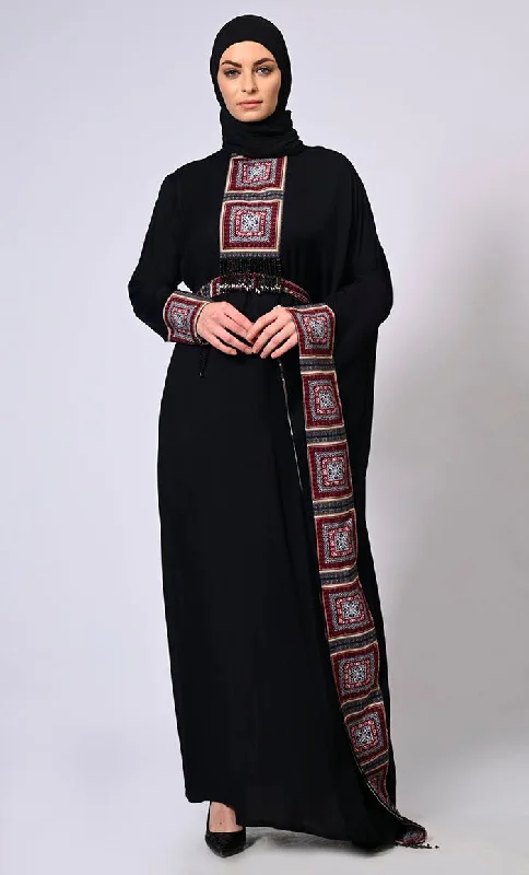 Stylish Semi Black  Kaftan with Printed Panels and Tassel Details