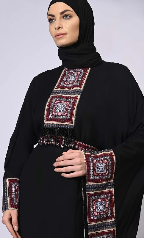 Stylish Semi Black  Kaftan with Printed Panels and Tassel Details