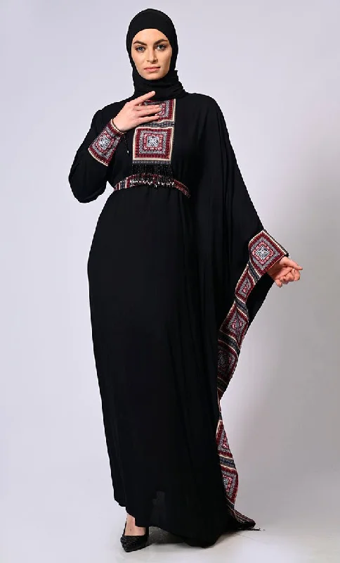 Stylish Semi Black  Kaftan with Printed Panels and Tassel Details