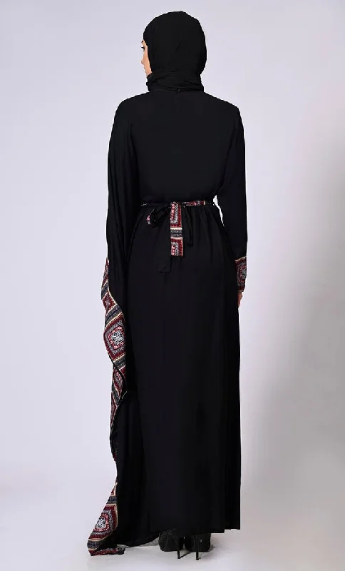 Stylish Semi Black  Kaftan with Printed Panels and Tassel Details