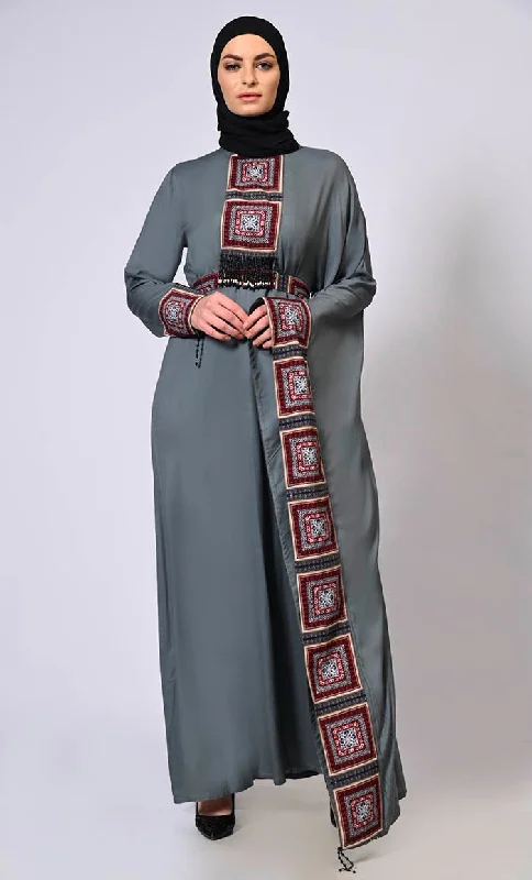 Stylish Semi Grey Kaftan with Printed Panels and Tassel Details