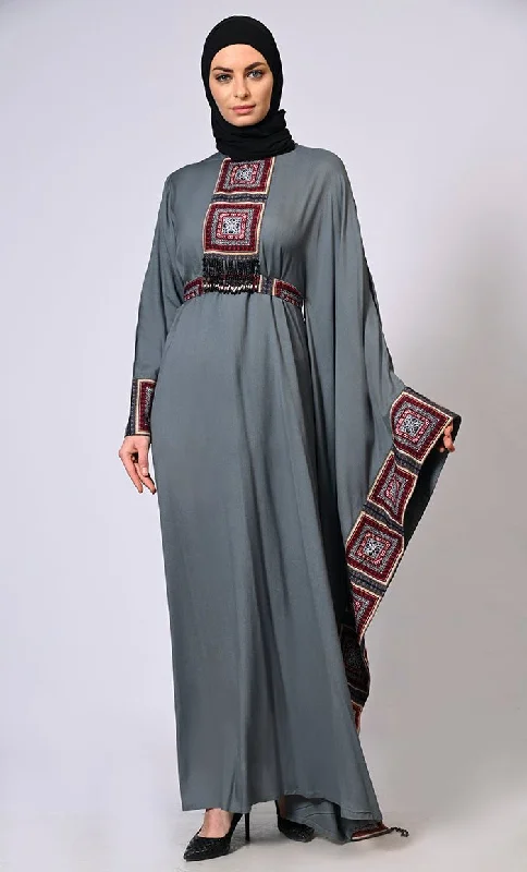 Stylish Semi Grey Kaftan with Printed Panels and Tassel Details