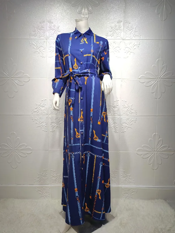 Wholesale Chain Print Long Sleeve Muslim Gown Maxi Dress with Belt Dubai Abaya Islamic Clothing Women Muslim Evening Party Dress